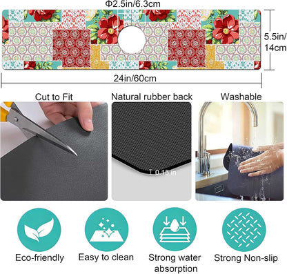 Kitchen Sink Splash Guard Faucet Mat Super Absorbent Fast Drying Mat Sink Gadgets Splash Guard Behind Faucet Drip Catcher for Kitchen (Pink Red Roses Floral, 23.5x5.5in)
