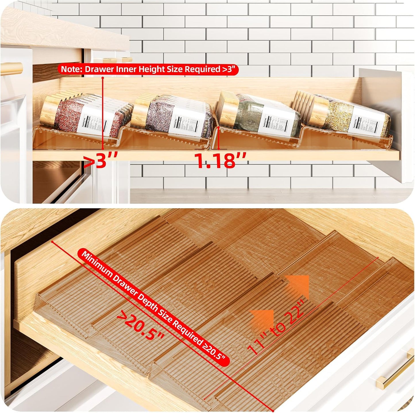 Spice Drawer Organizer, 8 Pack Clear Seasoning Organizer Rack | Expandable From 11" to 22" Wide, Kitchen Spice Rack Organizers for Drawer, Countertop, (Jars Not Included)