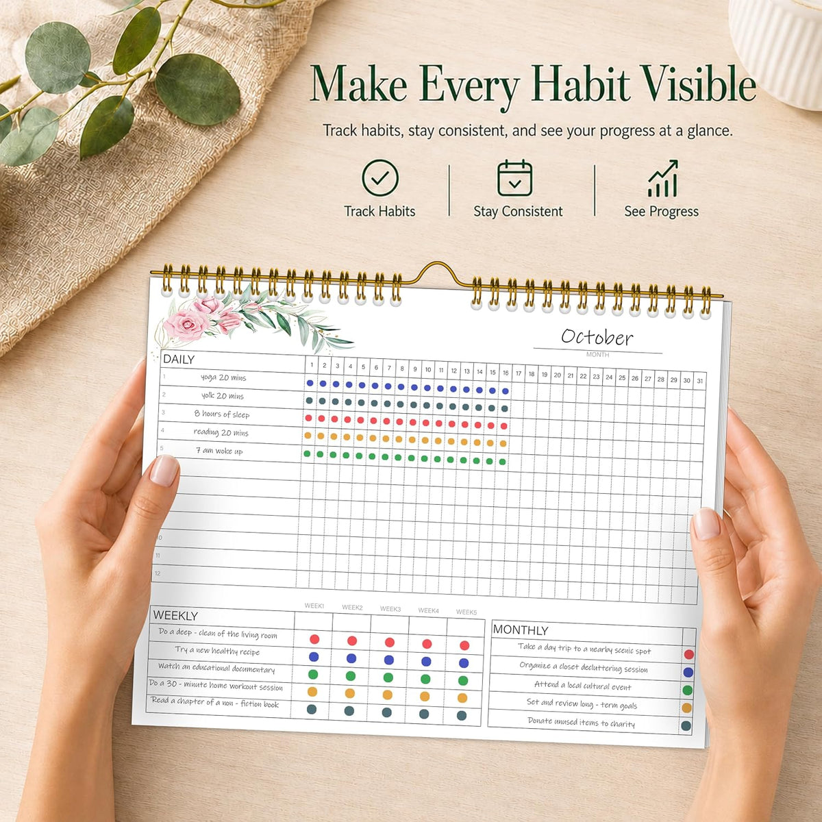 Habit Tracker Calendar Undated for Daily, Weekly & Monthly, 7.5" x 10"