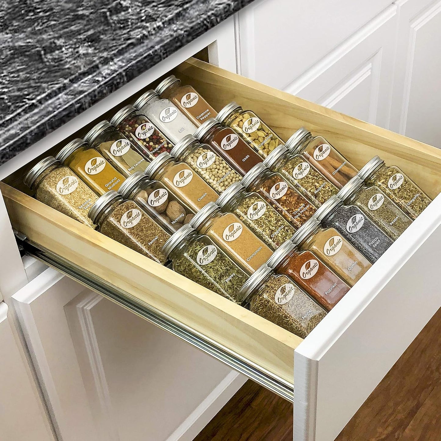 LYNK PROFESSIONAL® Spice Drawer Organizer - Heavy Gauge Steel 4 Tier Rack - Drawer Insert Tray for Jars, Herbs and Seasoning - Kitchen Cabinet Storage - Silver Metallic, Large