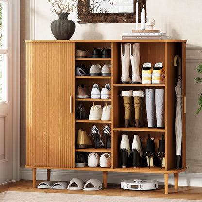 DHH Shoe Storage Cabinet with Sliding Door, 6-Tier Shoe Cabinet with Adjustable Shelves, Modern Freestanding Shoe Storage Organizer for Entryway, Hallway, Living Room (Walnut, 47 ")