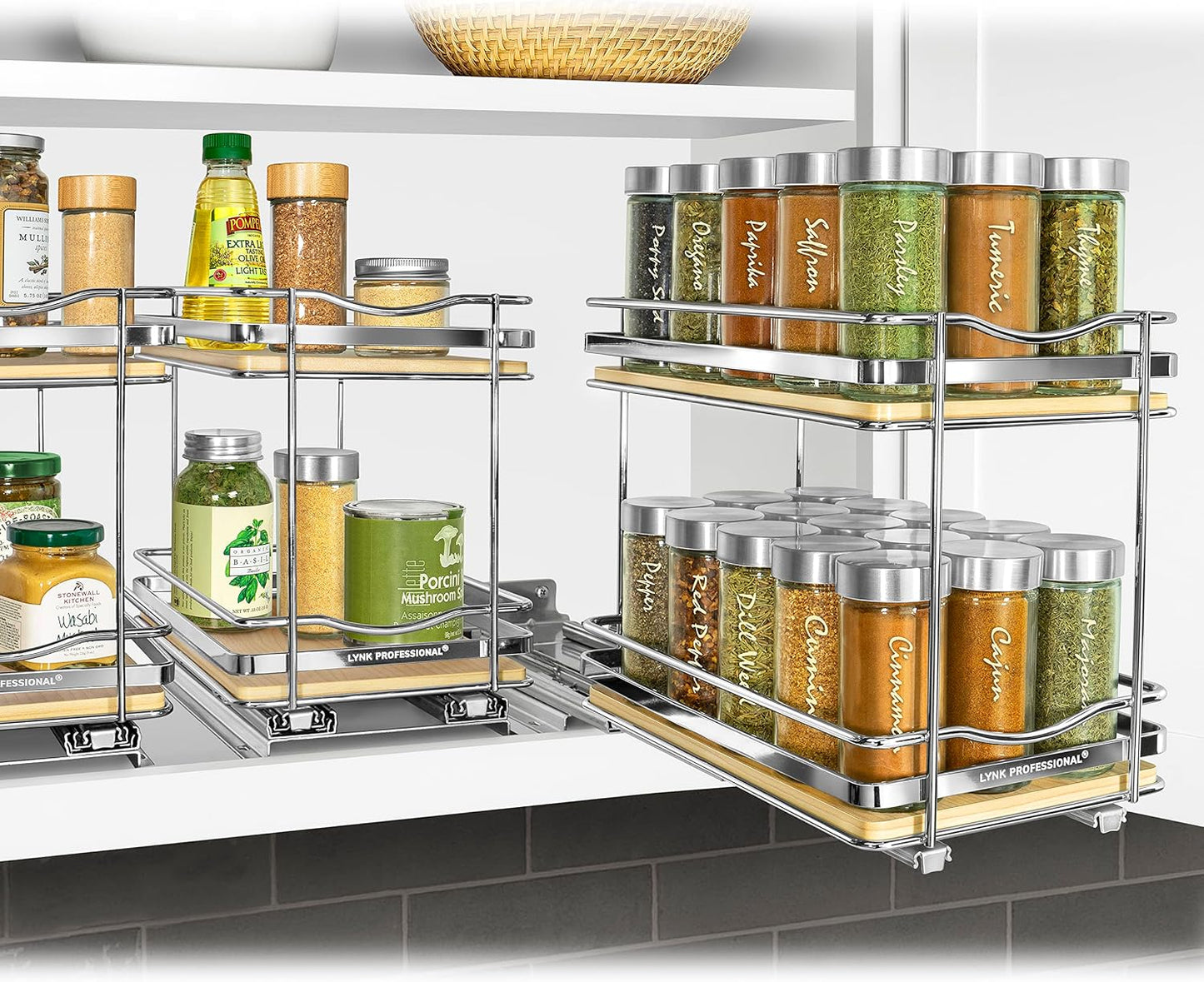 LYNK PROFESSIONAL® Pull Out Spice Organization for Cabinets - 4-3/8 inch Wide – Spice Rack for Inside Cabinets, Slide Out Spice Rack Organizer for cabinet – Pull Out Spice Rack, Sliding 2 Tier Chrome