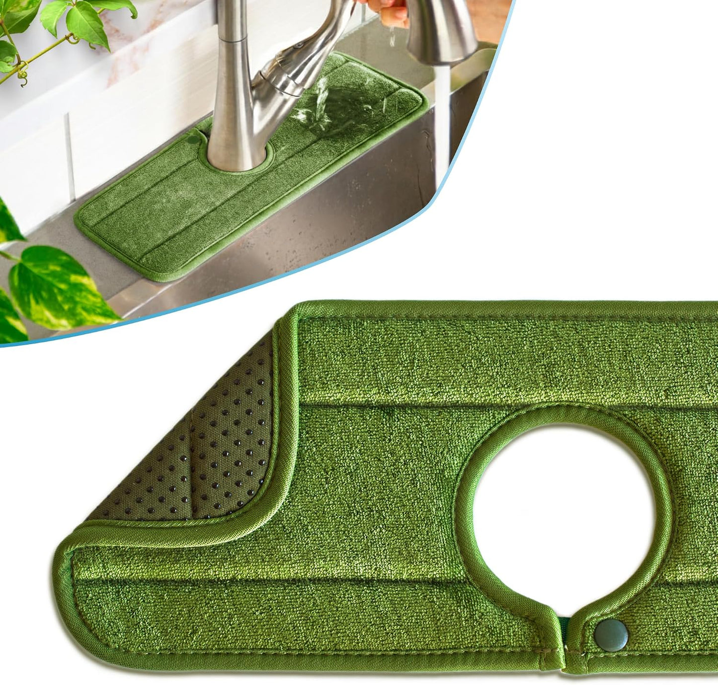 Ternal Original SINKMAT 15in Faucet Splash Guard Extra Long Microfiber Sink Drip Catcher Mat Non Slip Countertop Protector Drying Pad Kitchen Bathroom RV Machine Washable [Moss Green]