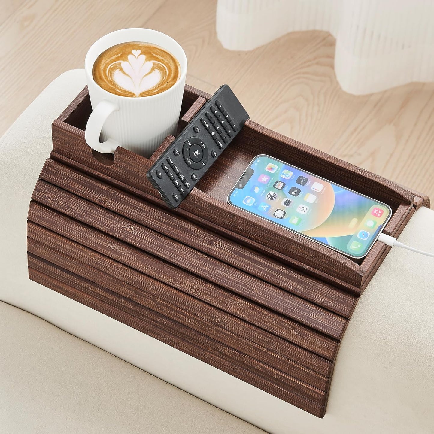 GEHE Couch Cup Holder, Anti Falling Sofa Arm Tray, Natural Bamboo Sofa Cup Holder More Safe for Your Family, Portable Couch Arm Tray Armrest Table for Remote, Snacks, Drinks