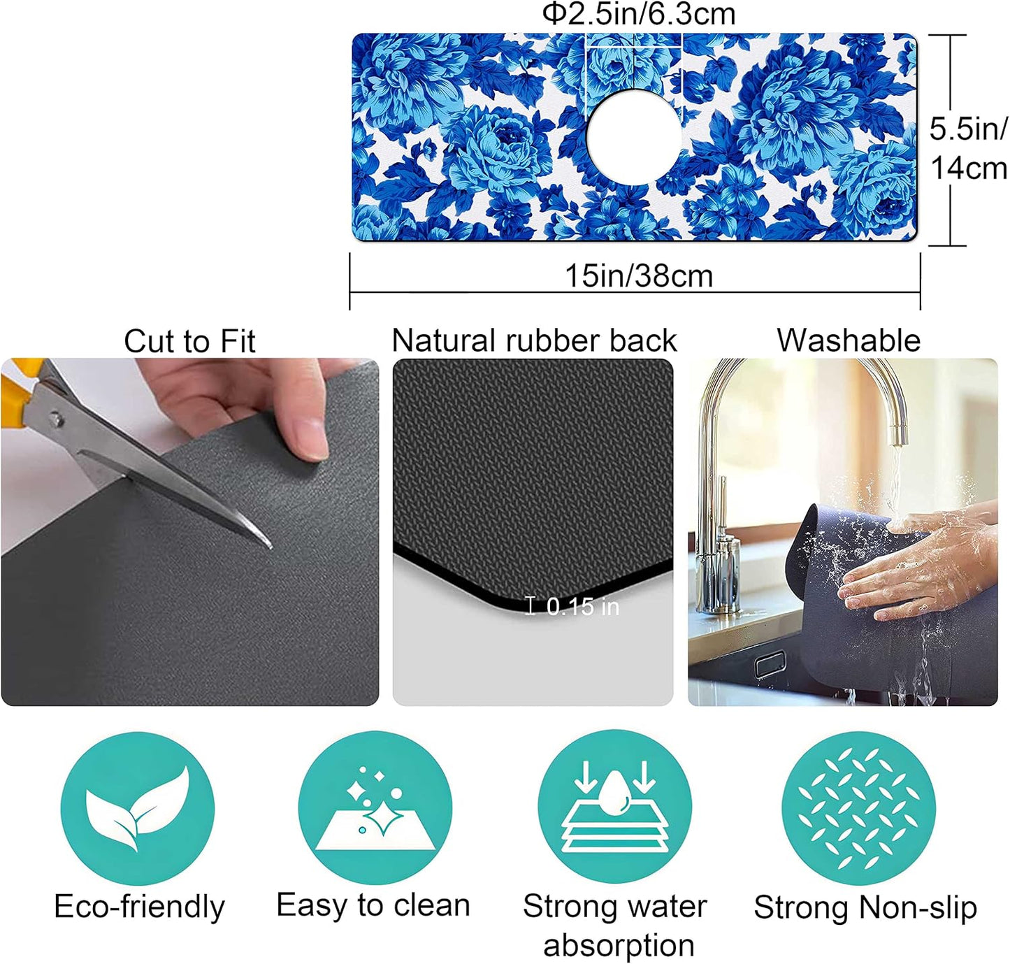 Kitchen Sink Splash Guard Faucet Mat Super Absorbent Fast Drying Mat Sink Gadgets Splash Guard Behind Faucet Drip Catcher for Kitchen (Pink Red Roses Floral, 23.5x5.5in)