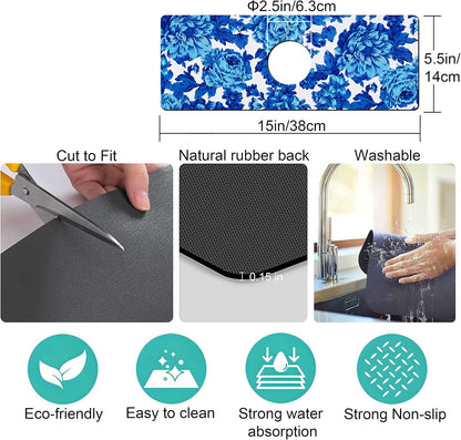 Kitchen Sink Splash Guard Faucet Mat Super Absorbent Fast Drying Mat Sink Gadgets Splash Guard Behind Faucet Drip Catcher for Kitchen (Pink Red Roses Floral, 23.5x5.5in)