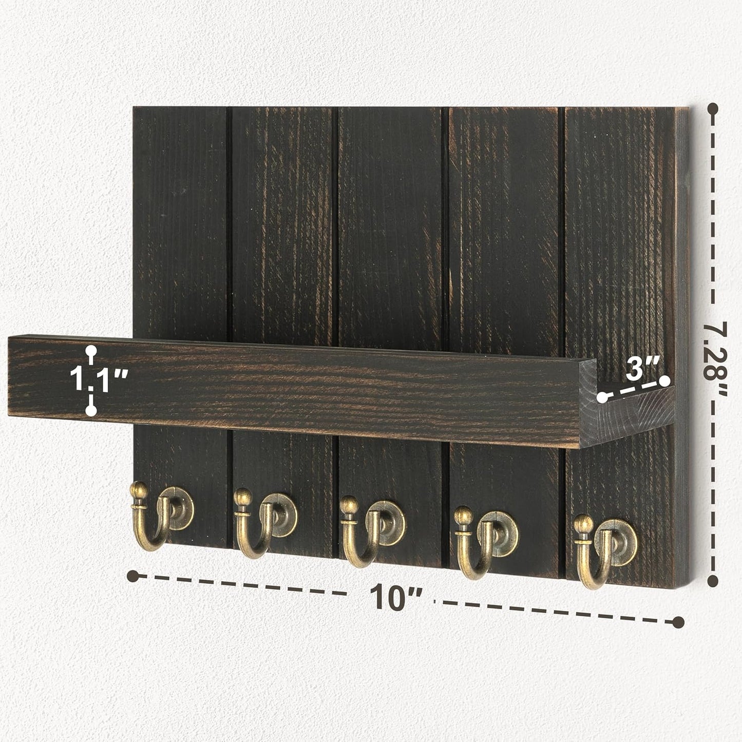 Rebee Vision Key Holder Wall Mount with 5 Key Hooks for Home Decor, Brown | 3.54'' x 10'' x 7.28'', Small Shelf for Display Plant, Key Hangers for Hat, Entryway Space-Saving Storage