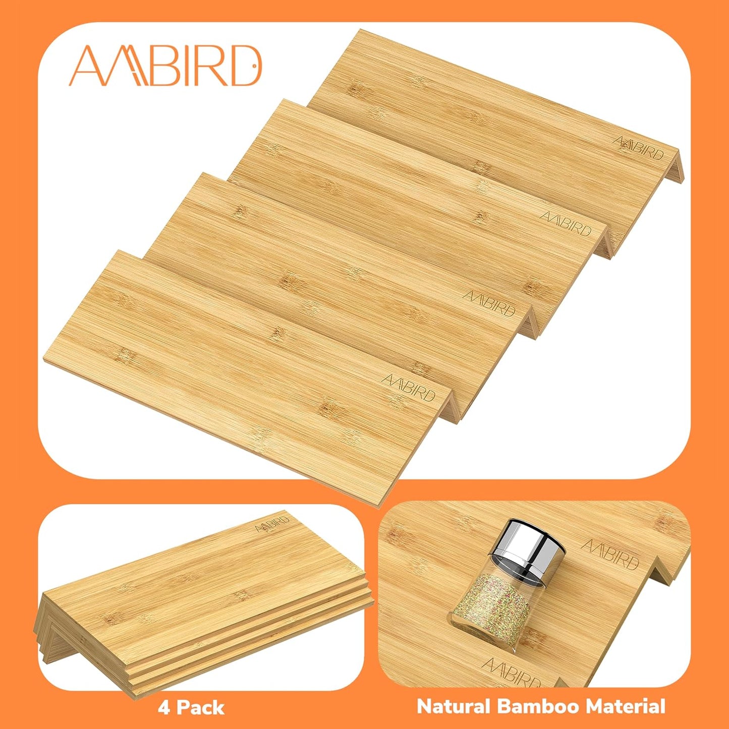 AMBIRD Bamboo Spice Drawer Organizer with Non-slip Mat,4 Tier - 2 Set Jar Spice Rack Tray From 9.5''to 19'', Seasoning Organizer for Kitchen,Cabinet,Drawers,Countertop