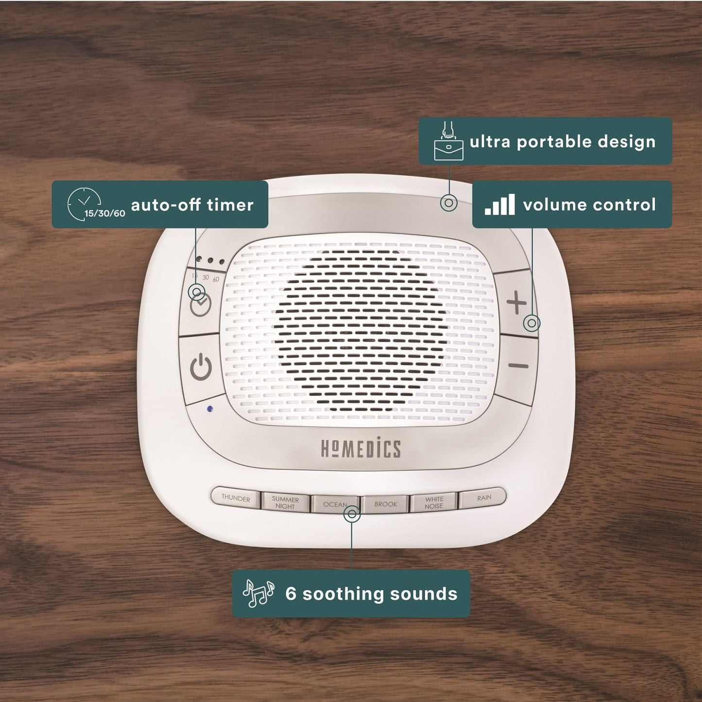 Homedics SoundSleep Rejuvenate White Noise Portable Sleep Machine | Small Sound Machine with 6 Relaxing Nature Sounds, Sound Therapy for Home, Office, Nursery, Auto-Off Timer