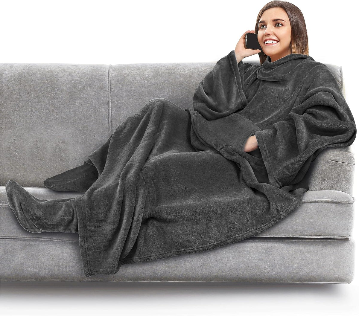 PAVILIA Fleece Blanket with Sleeves and Foot Pockets Women Men, Dark Purple