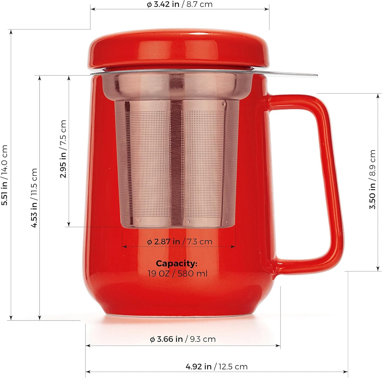 Tealyra - Peak Ceramic Red Tea Cup Infuser - 19-ounce - Large Tea High-Fired Ceramic Mug with Lid and Stainless Steel Infuser - Tea-For-One Perfect Set for Office and Home Uses - 580 milliliter