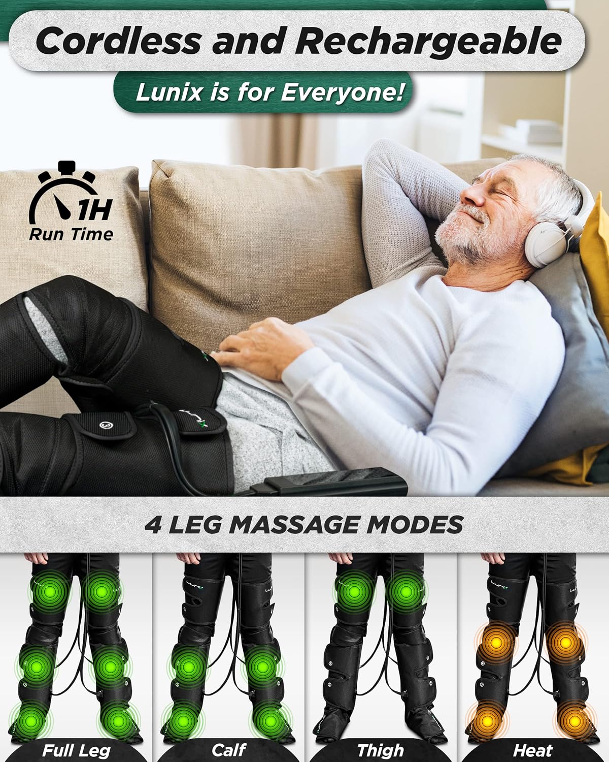 Lunix LX10 Full Leg Massager with Heat & Cold Therapy – Cordless Compression Boots for Circulation, Pain Relief & Recovery – Adjustable Fit with Extra Straps, Touchscreen Remote, Travel Bag