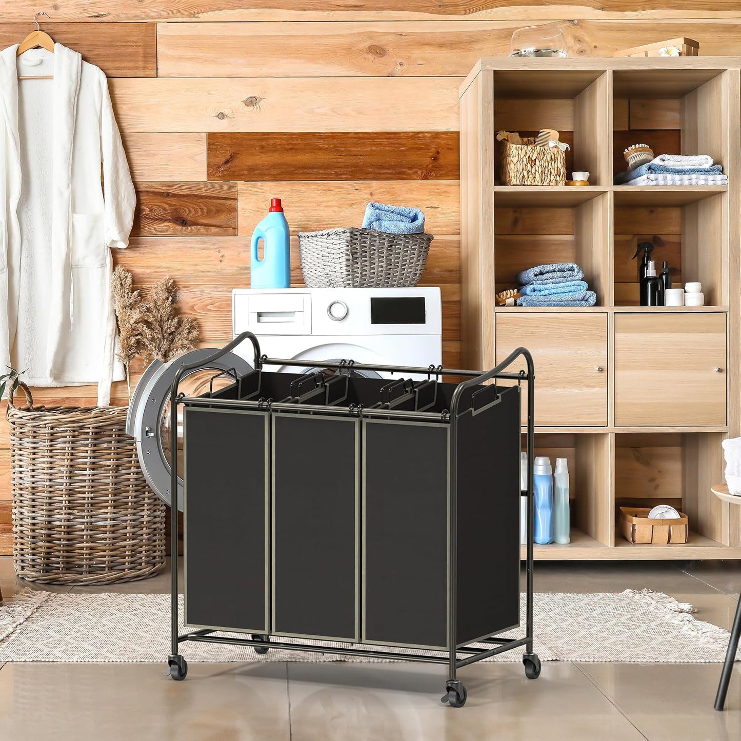 Simple Houseware Heavy Duty 3-Bag Laundry Sorter Rolling Cart, Dark Grey | Removable Bags and Lockable Wheels for Laundry Room Organization