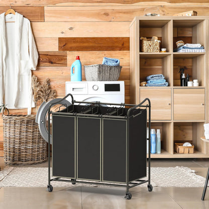 Simple Houseware Heavy Duty 3-Bag Laundry Sorter Rolling Cart, Dark Grey | Removable Bags and Lockable Wheels for Laundry Room Organization