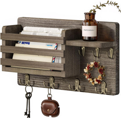 Key Holder Wall Mount with Mail Organizer, 16" L x 5" W x 9.1" H Oversized Keys Hanger Rack with Shelf and 7 Hooks, Wood Wall Organizer for Wallet, Dog Lesh (Brown)