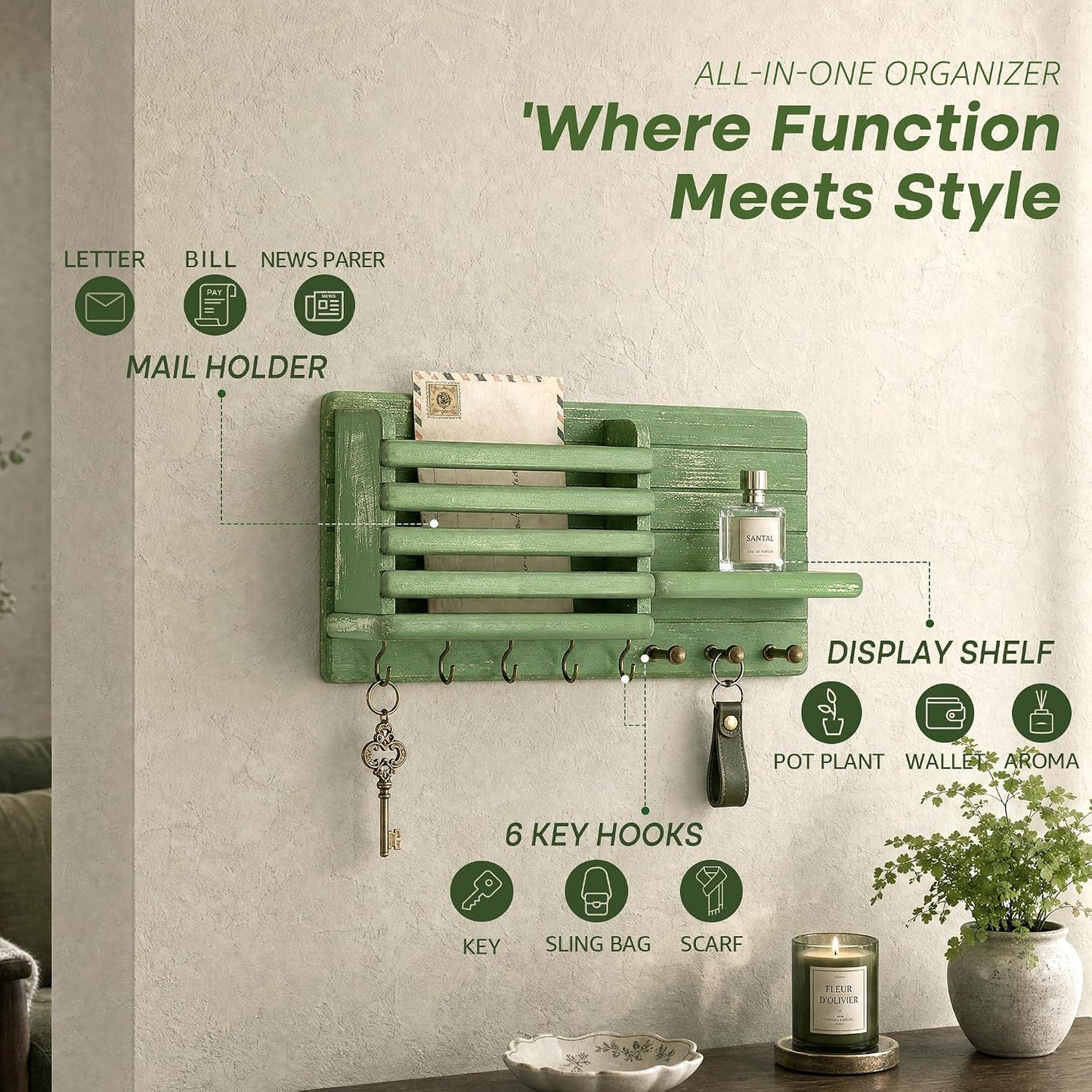 Rebee Vision Key Holder Wall Mount with Mail Slot for Entryway, Retro Brown | Pine Wood, Key Holder for Wall, 8 Hooks for Dog Leashes, Floating Shelf, Mail Sorter, New Home Essentials, Entryway Storage