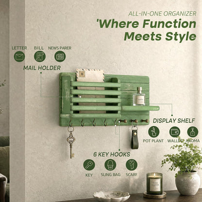 Rebee Vision Key Holder Wall Mount with Mail Slot for Entryway, Retro Brown | Pine Wood, Key Holder for Wall, 8 Hooks for Dog Leashes, Floating Shelf, Mail Sorter, New Home Essentials, Entryway Storage