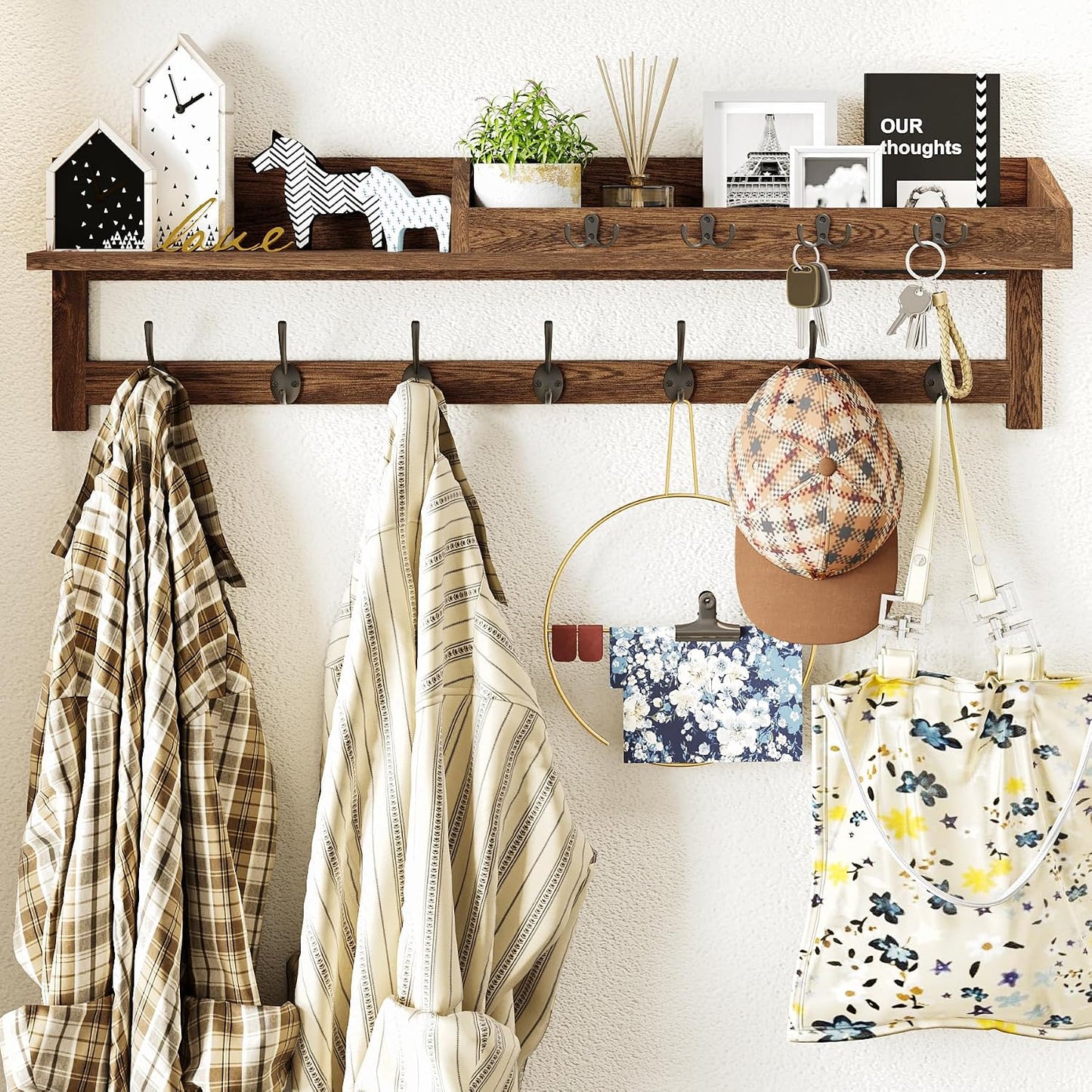 AMBIRD Wall Hooks with Shelf, 26.57 Inch Entryway Wood Coat Hooks for Wall with Shelf, Coat Rack Wall Mount with 5 Dual Hooks 3 Key Hooks Mail Organizer and Key Rack Holder (Brown)