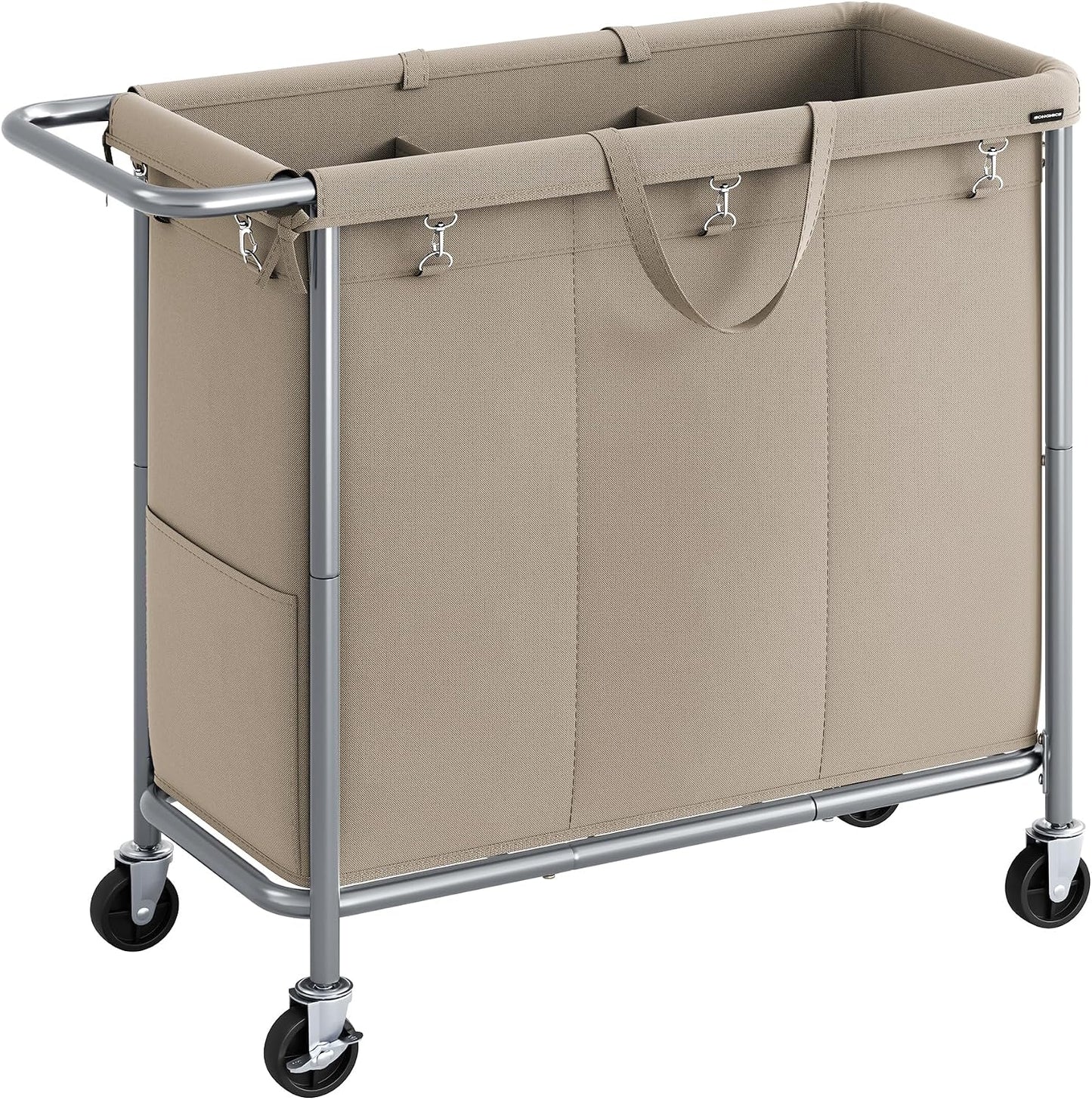 SONGMICS Laundry Basket with Wheels, 4-Section Rolling Laundry Hamper, 68.6 Gallons (260 L), Removable Liner, Steel Frame with Handle, 43.3 x 15.4 x 31.9 Inches, Cream White URLS014W01