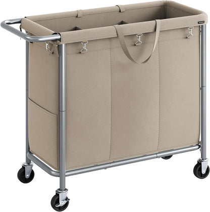 SONGMICS Laundry Basket with Wheels, 4-Section Rolling Laundry Hamper, 68.6 Gallons (260 L), Removable Liner, Steel Frame with Handle, 43.3 x 15.4 x 31.9 Inches, Cream White URLS014W01