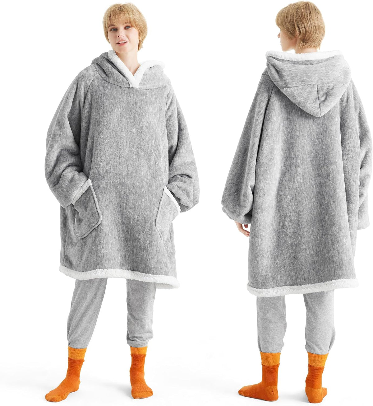 Bedsure Wearable Blanket Sherpa Hoodie Gifts, Sweatshirt, Grey, Standard