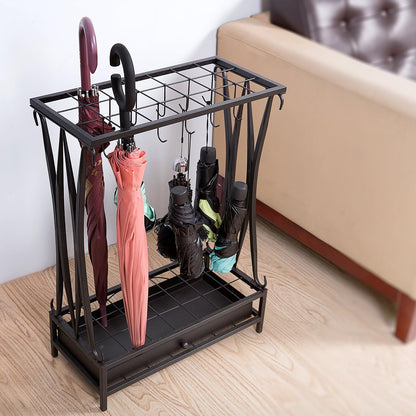 MyGift Modern Black Metal Umbrella Rack with 21 Slots and 12 Hooks and Removable Base Drip Tray