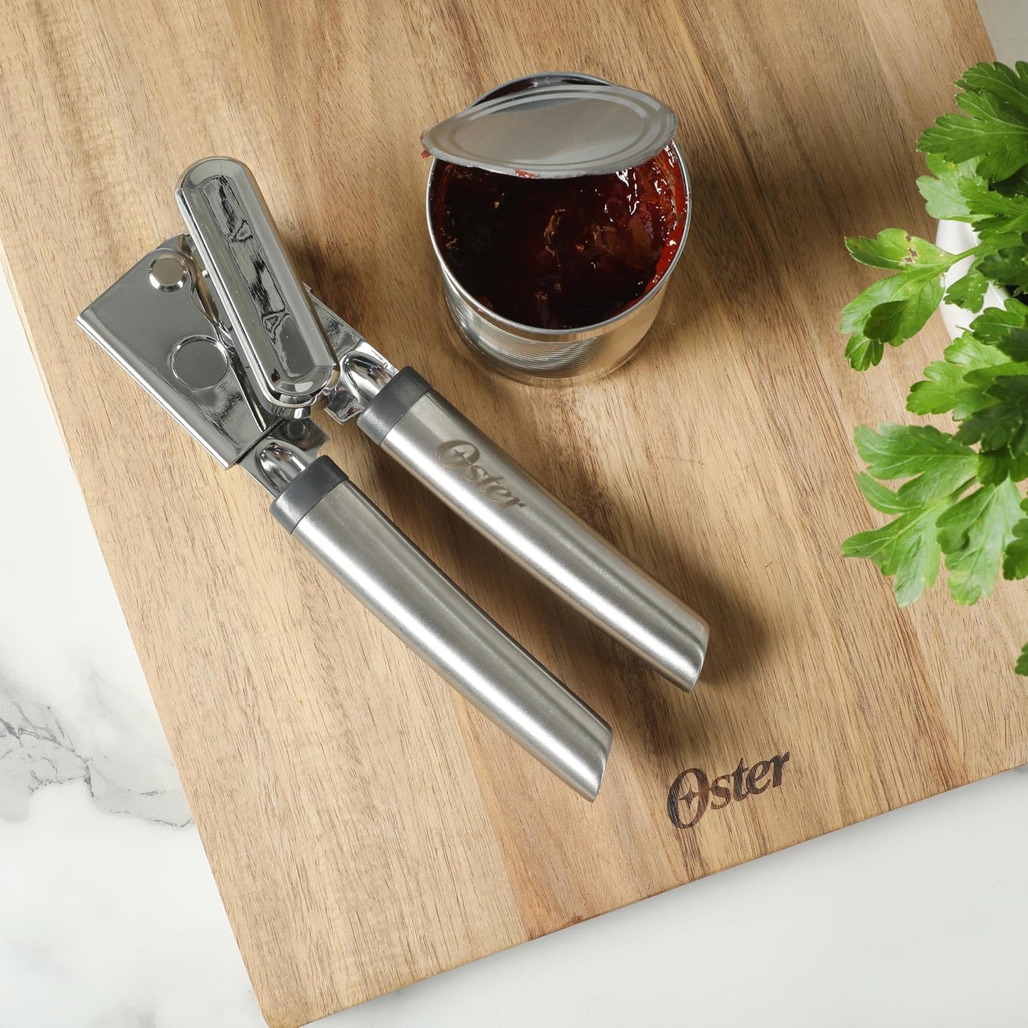 Oster Chadswyck 8” Can Opener, Stainless Steel Manual Can Opener with Soft Grip Handles, Smooth Edge Cutting, Dishwasher Safe