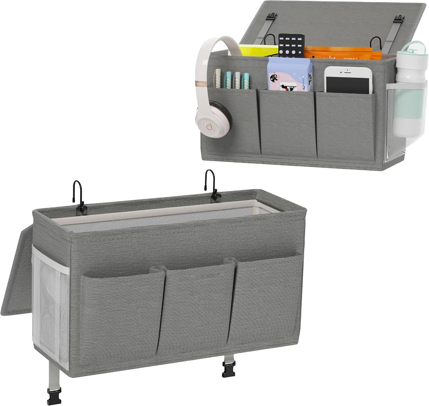 Bedside Caddy Bedside Storage Hanging Organizer for Bunk Dorm Bed Rail | Bed Caddy with Hooks, Top Bunks and Dorm Essentials for Water, Tissues, Tablets, Books, Phones, Remotes and Other Necessories