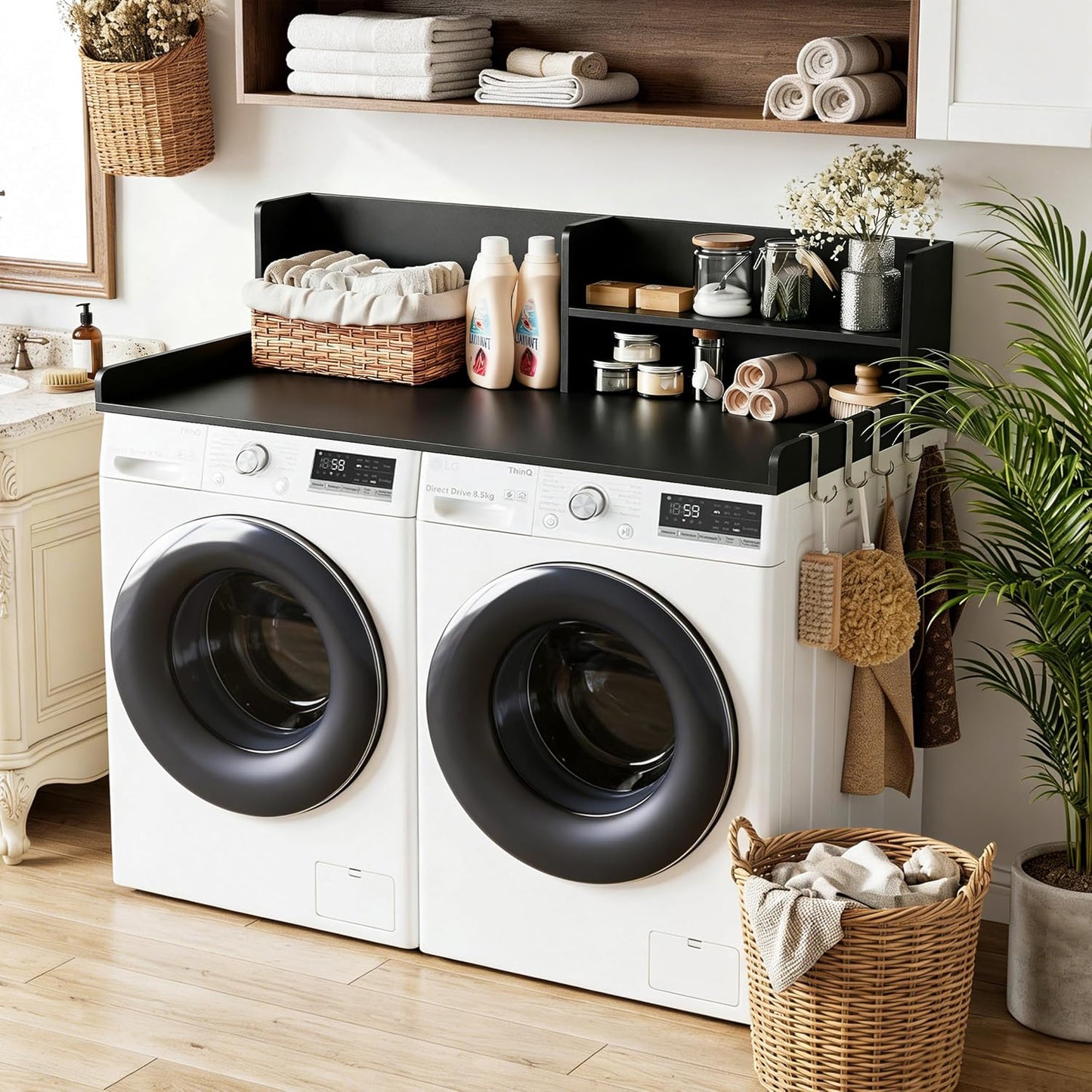 2-Tier Washer Dryer Countertop with Shelves & Metal Hooks, 27" W x 27.5" D Large Laundry Topper for Room Organization & Folding Clothes & Storage(Oak)