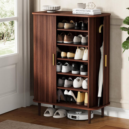 DHH Shoe Storage Cabinet with Sliding Door, 6-Tier Shoe Cabinet with Adjustable Shelves, Modern Freestanding Shoe Storage Organizer for Entryway, Hallway, Living Room (Walnut, 47 ")