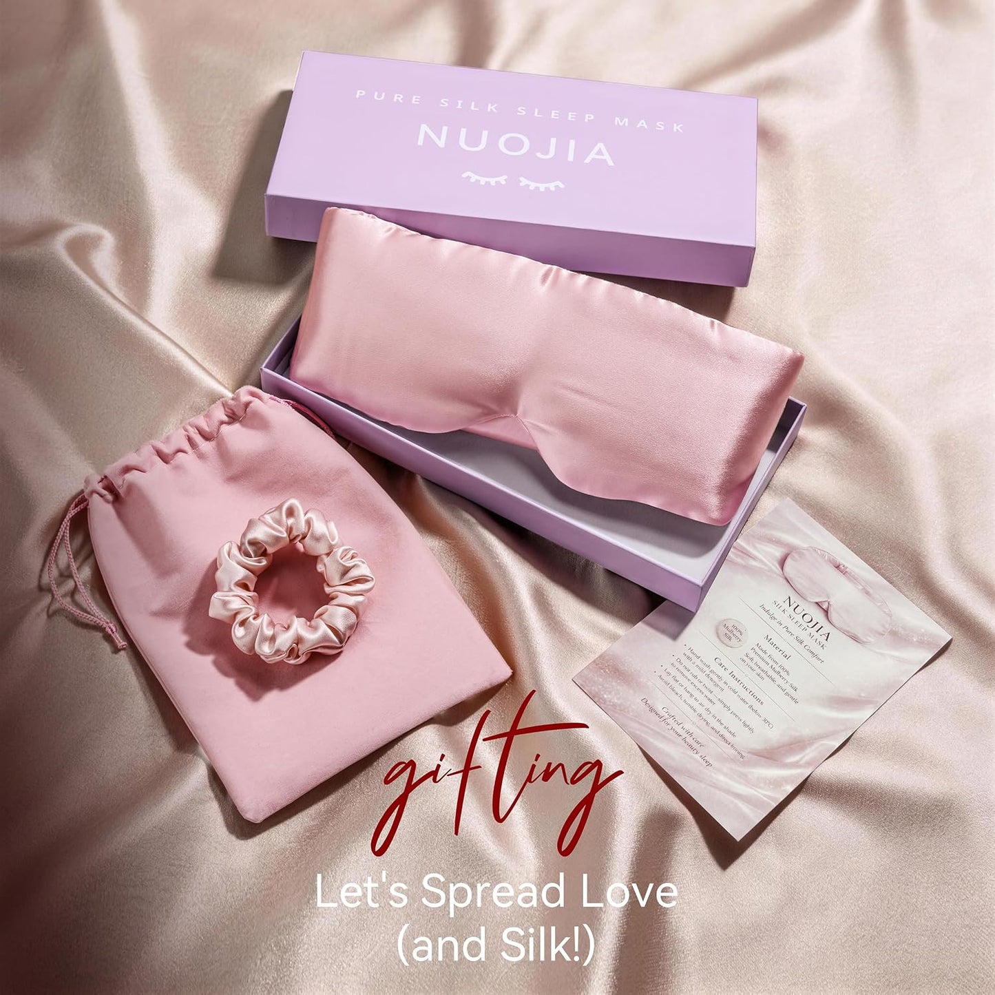 Silk Sleep Mask 22 Momme 100% Mulberry Silk & 3.5cm Silk Hairband Set for Side Sleeper Women Men,Light Blocking Nose Pad, Adjustable Silent Strap,Eye Mask fo Home & Travel Use (Pink)