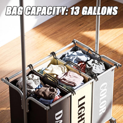 Simple Houseware Laundry Sorter Cart with Hanging Rod, Silver | Extendable Width from 30.25 to 49.25", Removable 3-Section Laundry Basket