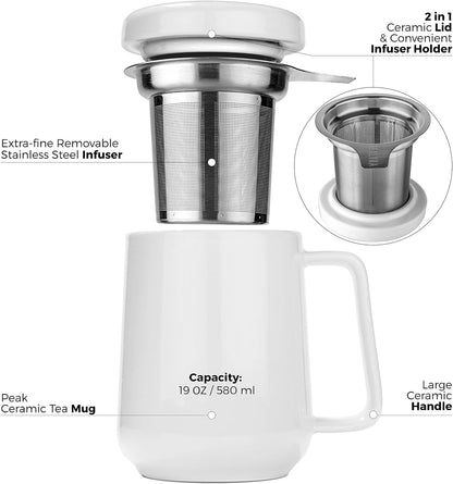 Tealyra - Peak Ceramic Red Tea Cup Infuser - 19-ounce - Large Tea High-Fired Ceramic Mug with Lid and Stainless Steel Infuser - Tea-For-One Perfect Set for Office and Home Uses - 580 milliliter