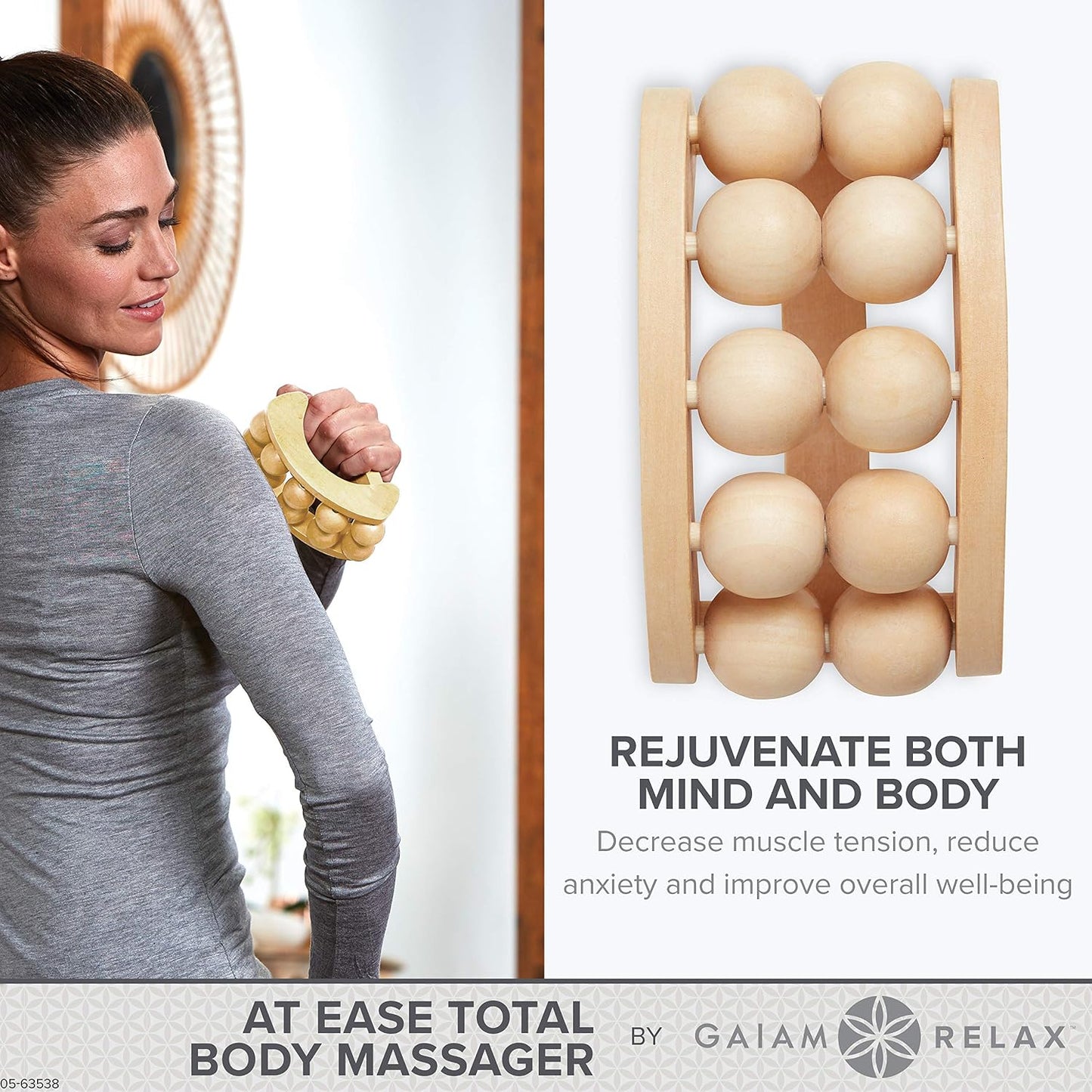 Gaiam Relax Massage Ball Roller, Handheld Wooden Tool | Wooden Massage Ball Roller | Total Body Tension, Relaxation & Stress Relief | Ergonomic Design | Home & Office Use