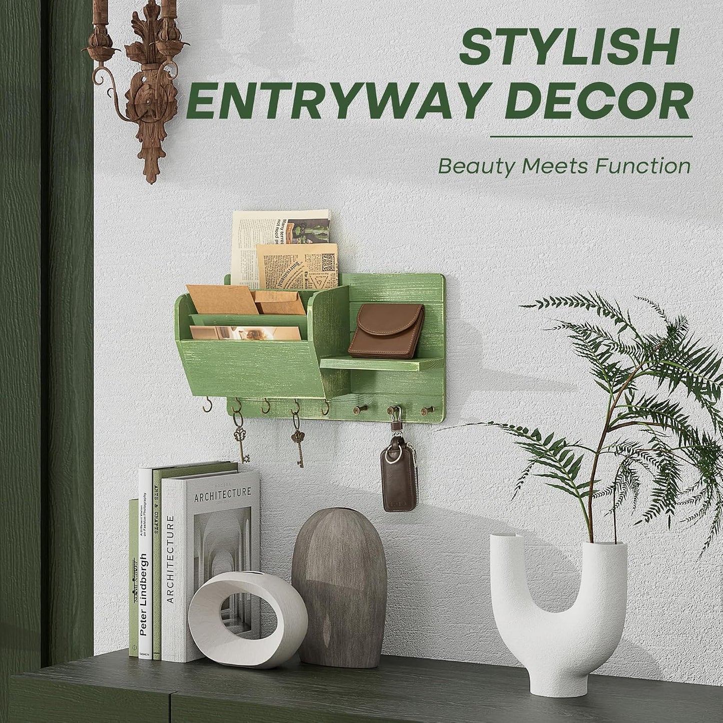 Rebee Vision Pine Wood Key Holder Wall Mount with Mail Sorter, Light Brown | Display Shelf, 8 Key Hooks, 3 Mail Sorters, Mail Organizer for Letters, Papers, Key Holder for Wall, Keep Entryways Tidy