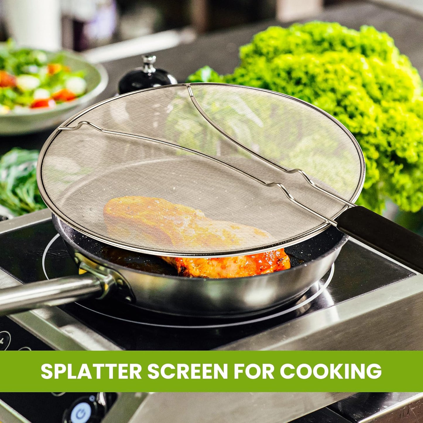 13" Grease Splatter Screen for Cooking | Stainless Steel Oil Splatter Guard and Ultra-Fine Mesh Protects Skin from Burns | TPR Tight-Grip Handle (Red)