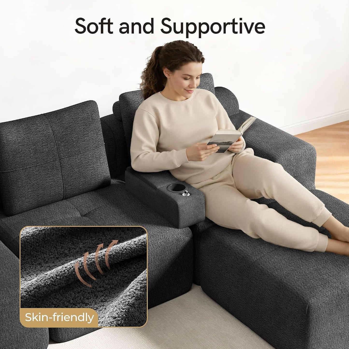 Couch Caddy with Cup Holder, 20.3 Inch White Armrest Console | Removable Sofa Armrest Organizer with Charging and Phone Holder, Storage for Remotes, Snacks and Everyday Essentials
