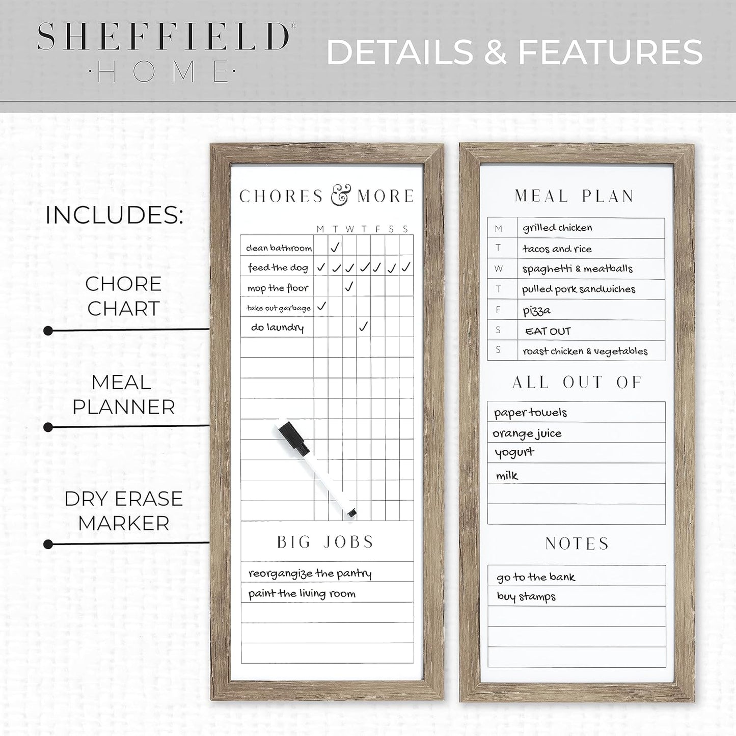 Sheffield Home Set of Two Family Planner Dry Erase Boards Featuring, Chore Chart, Shopping List, Weekly Meal Planner and Notes, 9x21 Inch, Natural