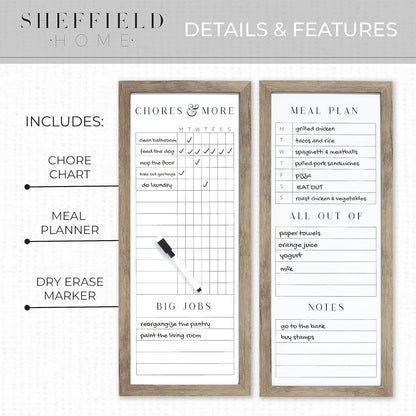 Sheffield Home Set of Two Family Planner Dry Erase Boards Featuring, Chore Chart, Shopping List, Weekly Meal Planner and Notes, 9x21 Inch, Natural