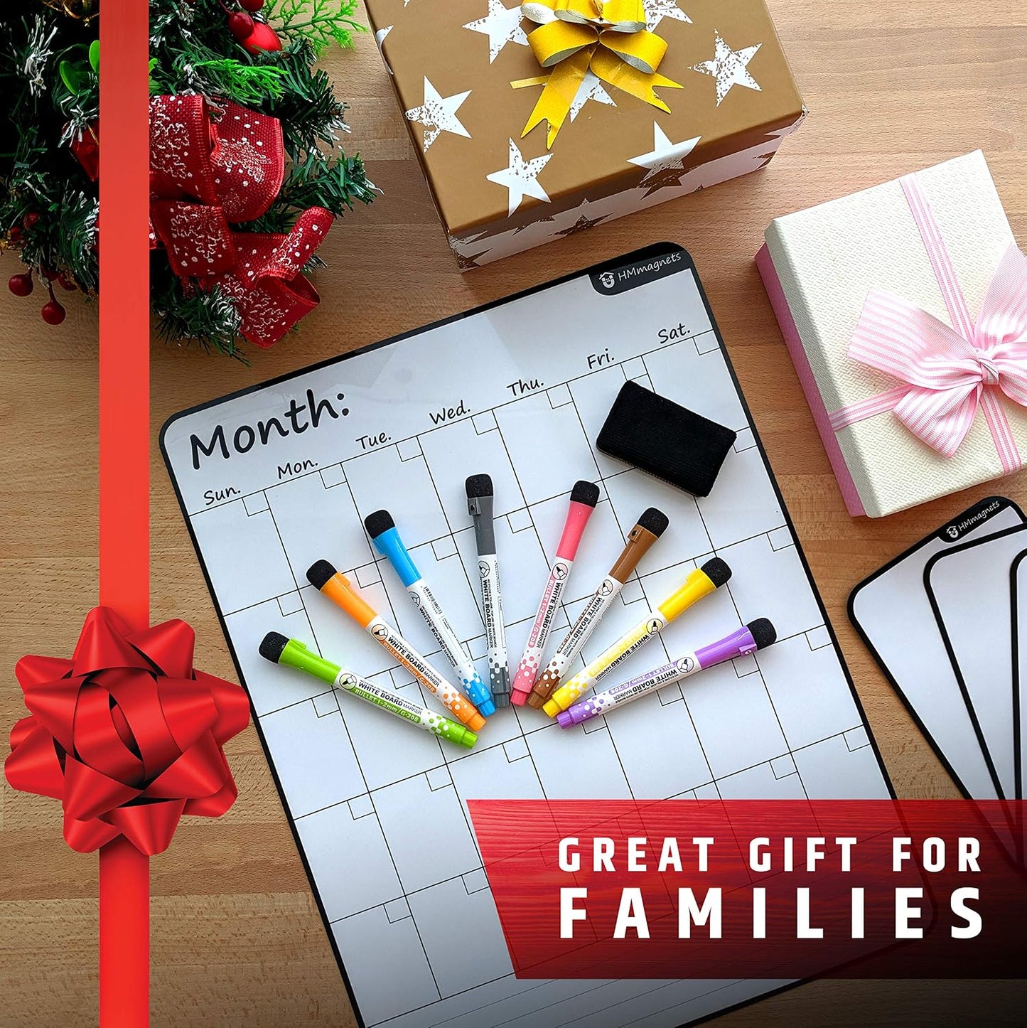 Large Dry-Erase Magnetic Monthly Calendar + Free Bonus: 3 Grocery/to-Do List Whiteboards (Organizer/Planner) for Kitchen Fridge - Full Set: 8 Markers + Eraser | Stain Free | Horizontal