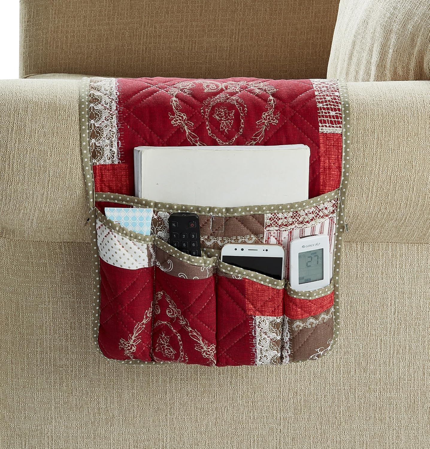 Brilliant Sunshine Burgundy Toile Floral Couch Armrest Cover, 35"×13" | Washable Magazine Holder, Armrest Organizer & Caddy on Sofa, Recliner, Armchair, Storage for Remote Controls, Phone, iPad
