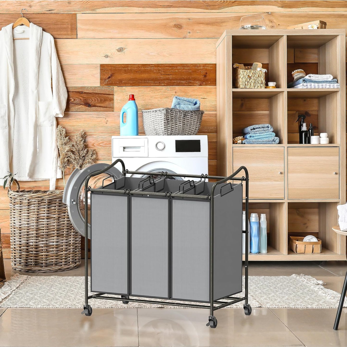 Simple Houseware Heavy Duty 3-Bag Laundry Sorter Rolling Cart, Dark Grey | Removable Bags and Lockable Wheels for Laundry Room Organization