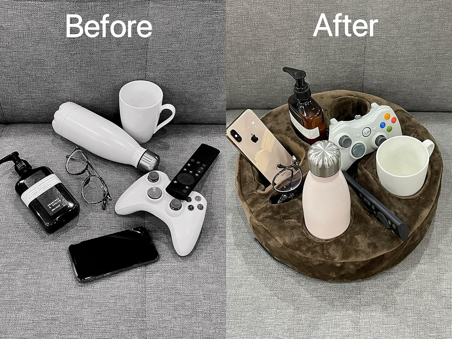 Xchouxer Couch and Bed Cup Holder Pillow, Sofa Organizer Caddy for Drinks, Remotes, Phones, Snacks (Beige)