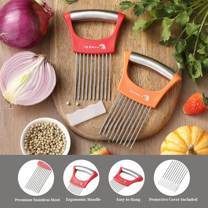 2PCS Onion Slicer Holder, XZZWLL Stainless Steel Onion Cutter for Slicing and Storage Onions, Tomato, Eggs and Vegetables, Protective Cover Included, Dishwasher Safe (Stylish Orange+ Red Color)