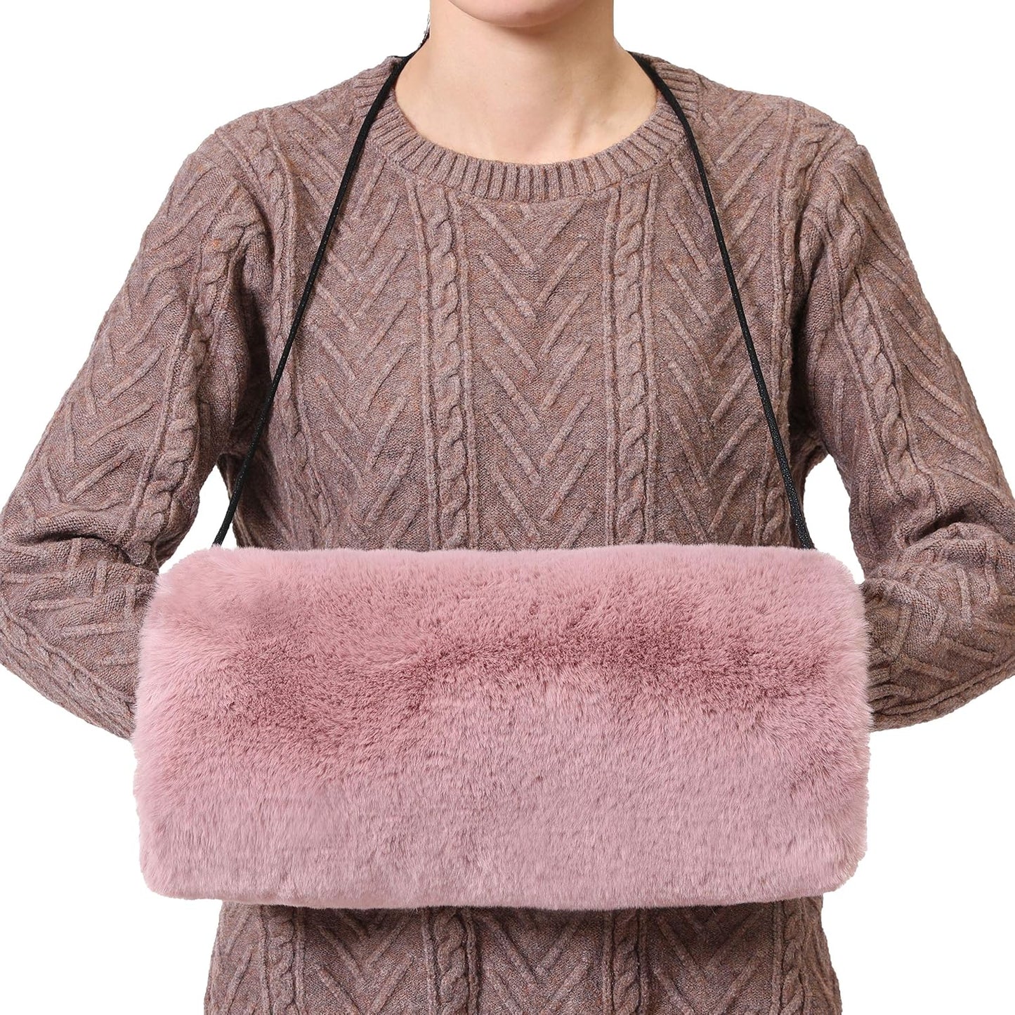 Faux Fur Hand Muff for Women Winter Hand Warm Warmer with PU Leather Strap