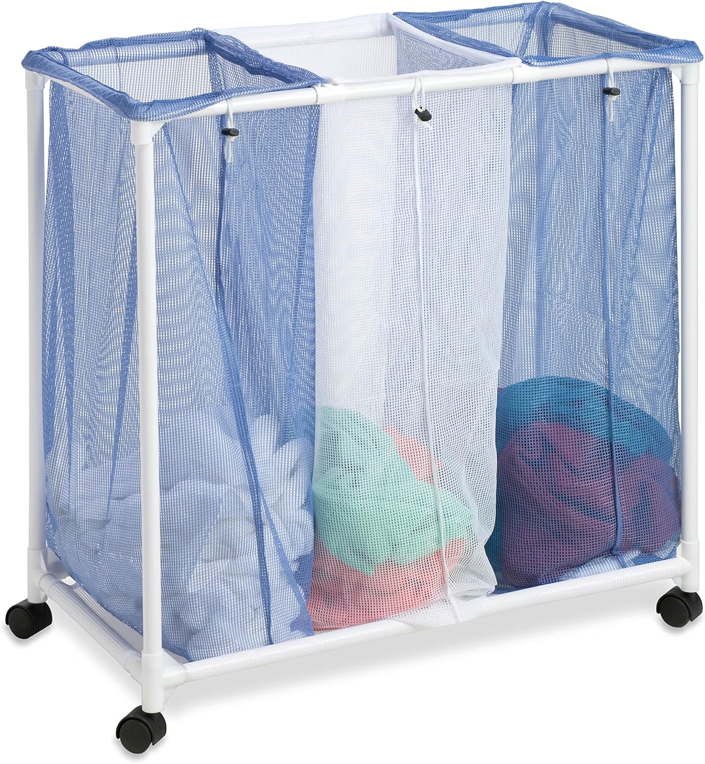 Honey-Can-Do HMP-01629 3 bag mesh laundry sorter, 30.5" x 15.3" x 30" , Blue/White