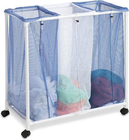 Honey-Can-Do HMP-01629 3 bag mesh laundry sorter, 30.5" x 15.3" x 30" , Blue/White