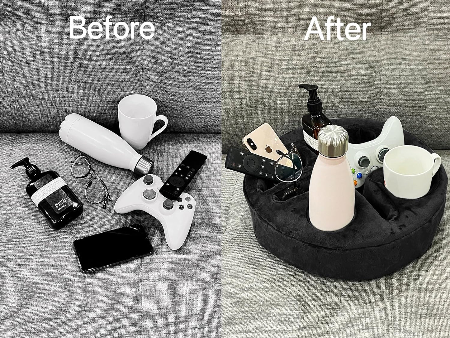 Xchouxer Couch and Bed Cup Holder Pillow, Sofa Organizer Caddy for Drinks, Remotes, Phones, Snacks (Beige)