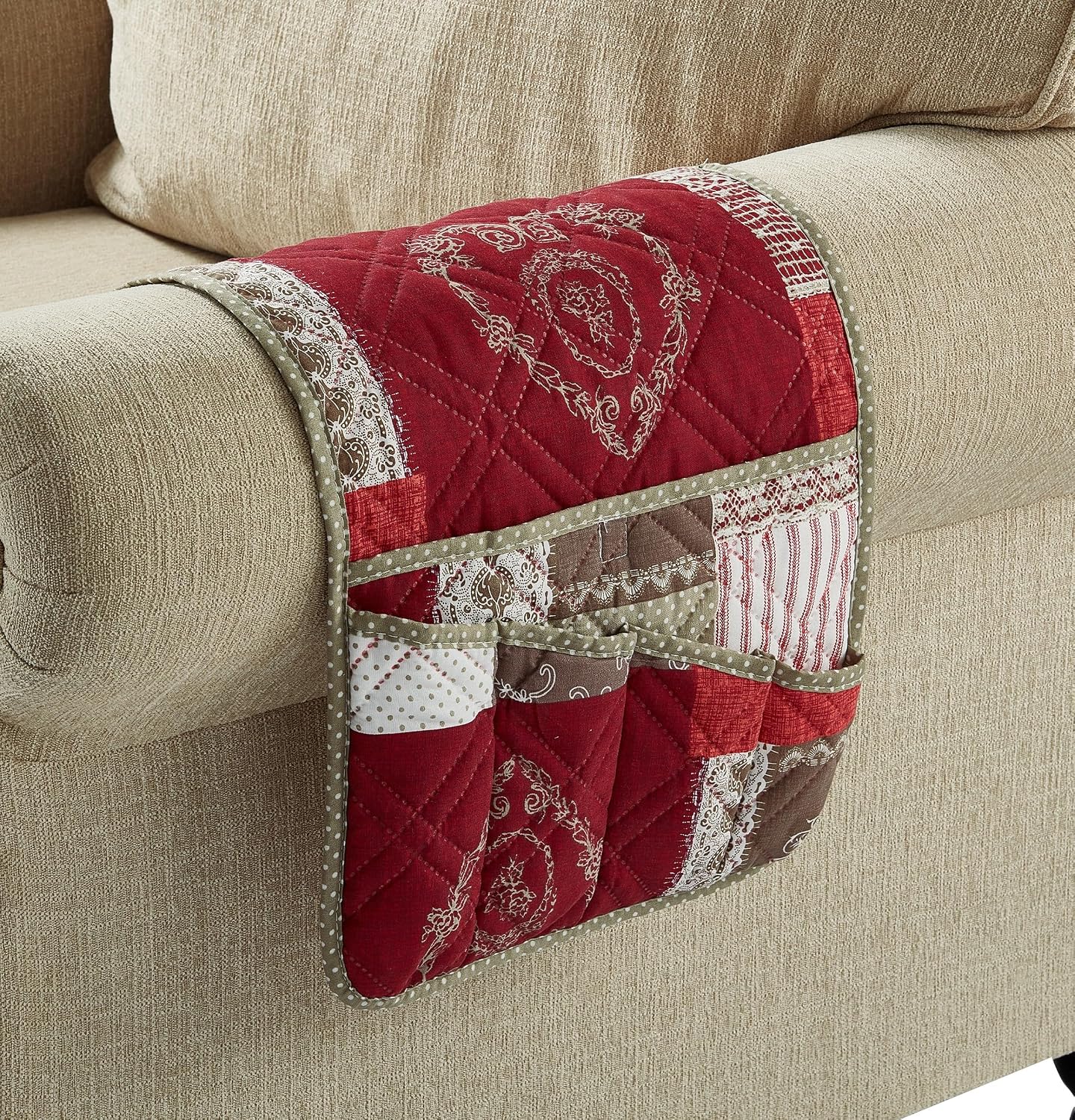 Brilliant Sunshine Burgundy Toile Floral Couch Armrest Cover, 35"×13" | Washable Magazine Holder, Armrest Organizer & Caddy on Sofa, Recliner, Armchair, Storage for Remote Controls, Phone, iPad