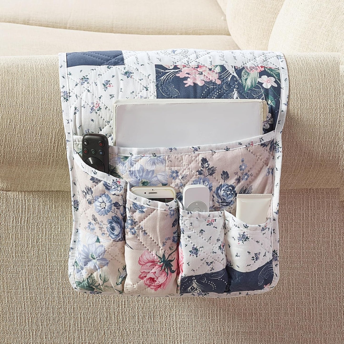 Brilliant Sunshine Burgundy Toile Floral Couch Armrest Cover, 35"×13" | Washable Magazine Holder, Armrest Organizer & Caddy on Sofa, Recliner, Armchair, Storage for Remote Controls, Phone, iPad